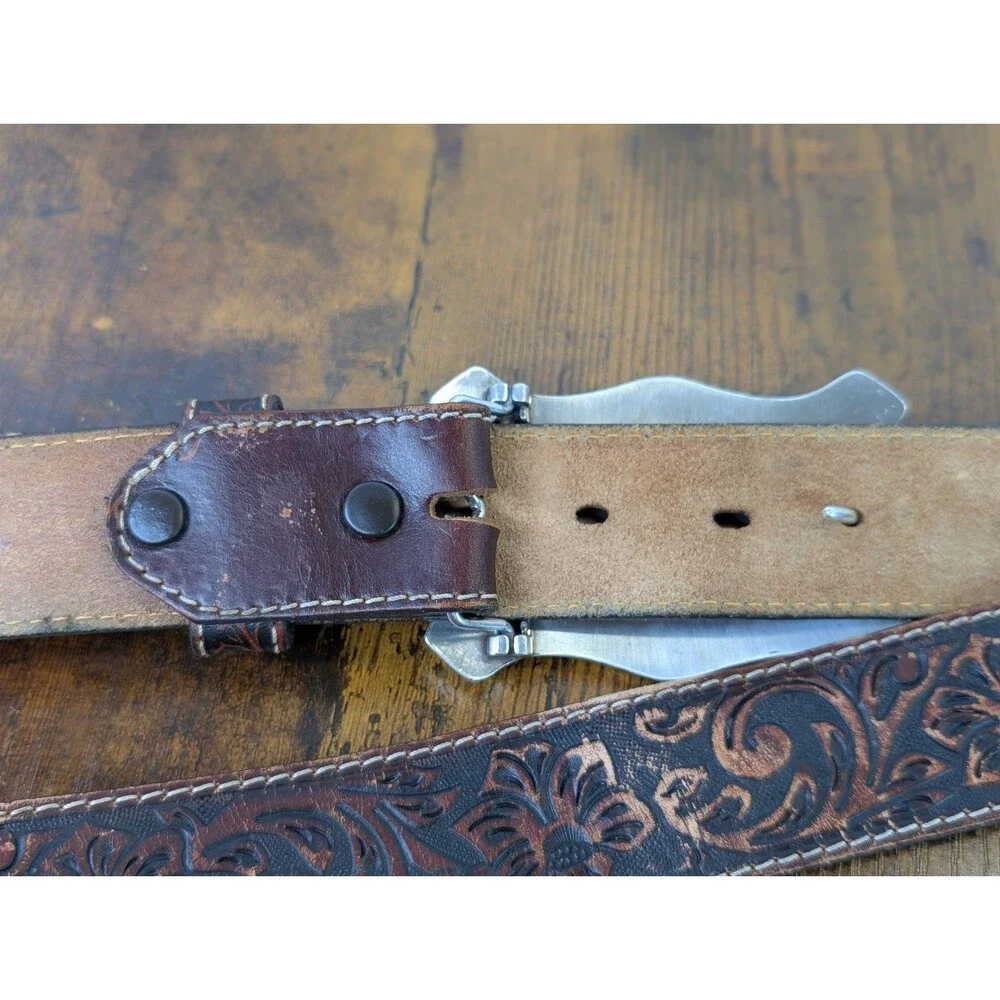 Justin Mens Classic Longhorn Tooled Leather Western Belt Brown C11194 Size 44